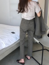 Spot South Korea Pla * t * Ba * se with retro foreign style brown jeans high waist slim high