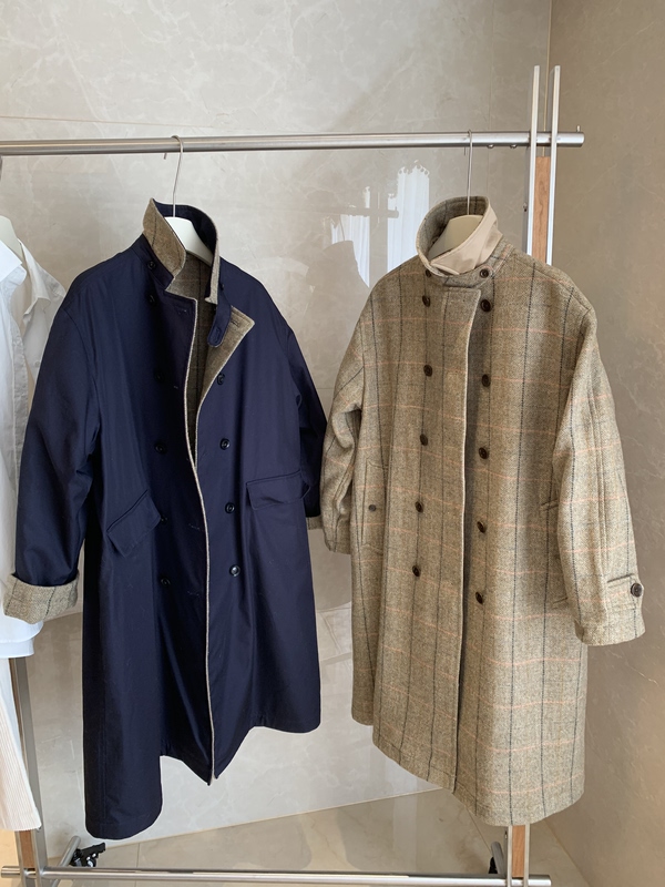 5R Reversible Wide-Fit Wool Plaid Coat/Trench Coat