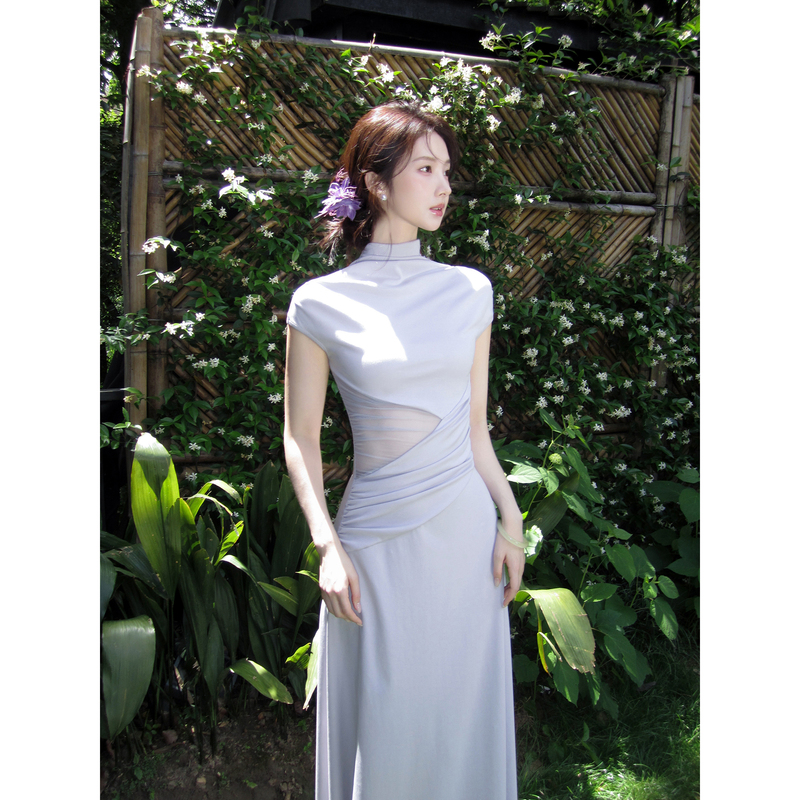 Dreamynerd High-Neck Lyocell Spliced Mesh Dress for Women, Pleated Waist, Slim Fit, Breathable Casual Dress Dreamynerd High-Neck Lyocell Spliced Mesh Dress for Women, Pleated Waist, Slim Fit, Breathable Casual Dress
