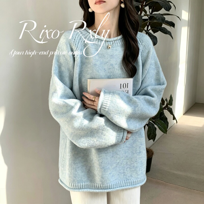 Rixo Rxly Blue Round-Neck Sweater for Women, Autumn and Winter, Loose and Lazy Style, Rolled Edge, Soft and Thick Pullover Knit Top Rixo Rxly Blue Round-Neck Sweater for Women, Autumn and Winter, Loose and Lazy Style, Rolled Edge, Soft and Thick Pullover Knit Top