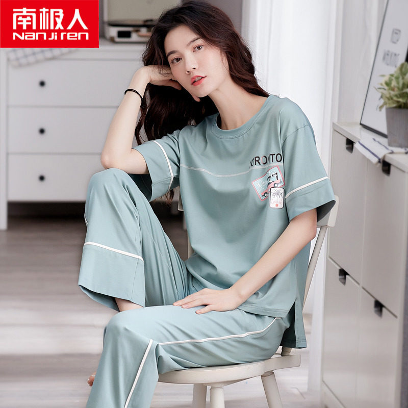Summer Pyjamas Lady Pure Cotton Short Sleeve Long Pants Thin Section 2022 New Loose Large Size Spring Autumn Home Suits Suit