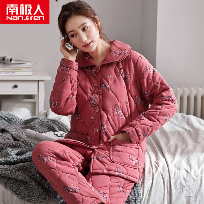 Winter pyjamas women's pure cotton thickened laminated cotton winters Aged Warm Middle Aged Mother Full Cotton Home Suit Suit