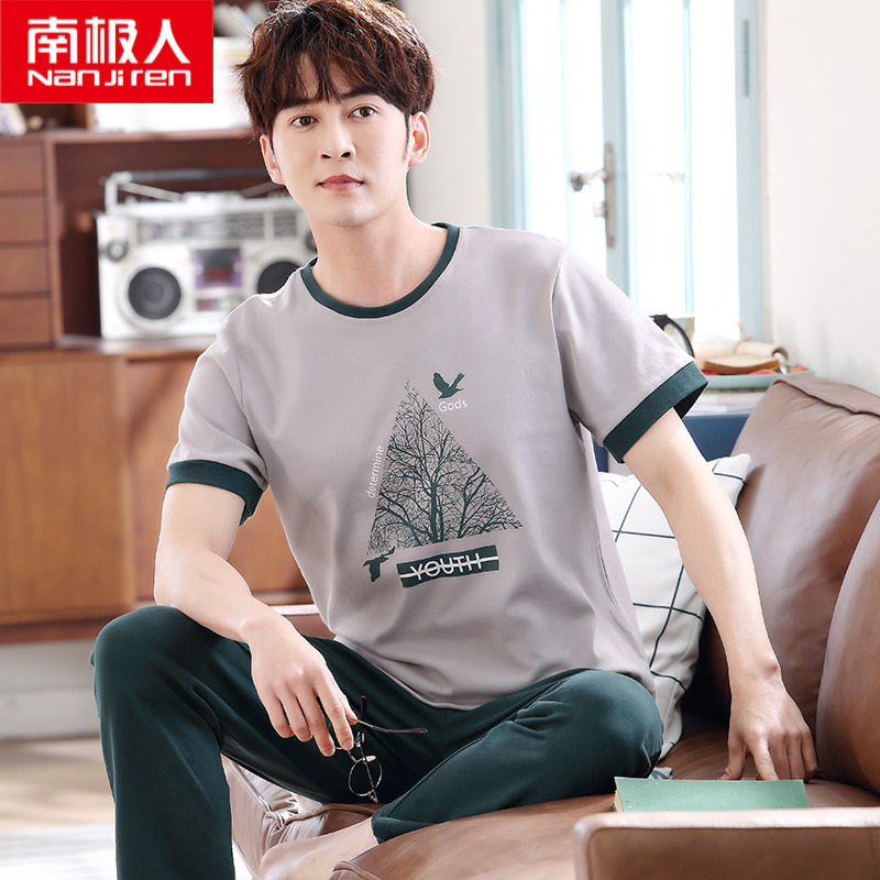 2022 New Sleepwear Men's Summer Pure Cotton Short Sleeve Long Pants Summer Thin home Suit Men's Big Size Suit