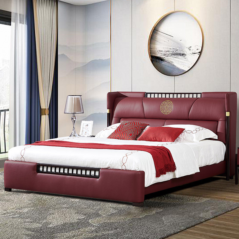 Leather art bed post-modern new Chinese style light luxury fashion leather soft bed 18 atmospheric master bedroom double soft package wedding bed customization