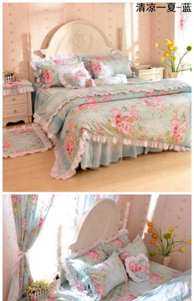 Cotton Hàn giường hoa mục vụ váy một gia đình bốn công chúa ren gió bông giường chăn 1.8m - Bộ đồ giường bốn mảnh chăn ga