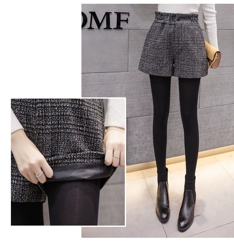 Mùa thu và mùa đông quần short kẻ sọc len nữ cộng với phân bón XL Nữ 220 pounds béo mm mặc quần cạp cao cạp cao