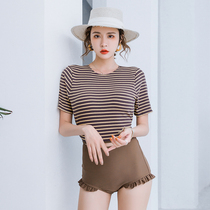 Swimsuit female split retro high waist Korean hot spring small fragrant wind conservative short sleeve flat corner sexy belly thin swimsuit