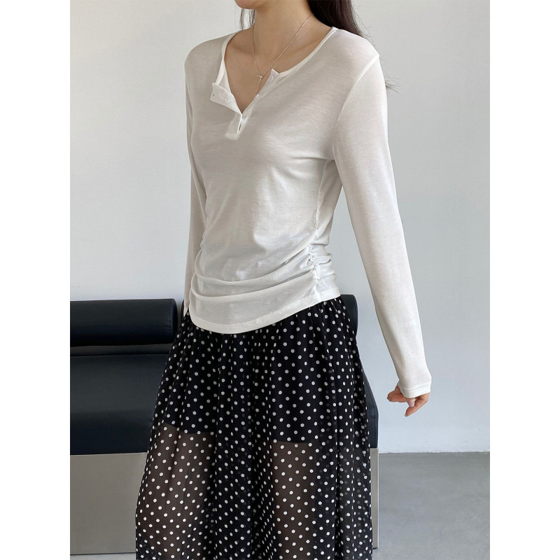 White Lyocell Tencel Henley Collar Ruched Waist T-Shirt for Women, Cool and Skin-Friendly, High-End Unique Top