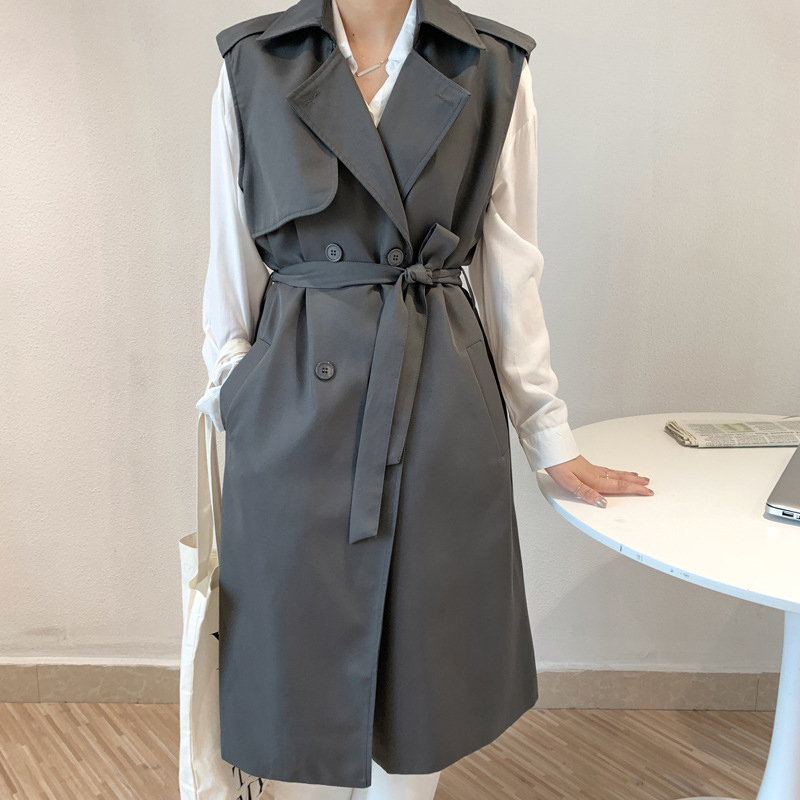 Dark Gray Waist-Tie Trench Coat Vest for Women, Mid-Length Sleeveless Blazer Vest, Fashionable Outerwear