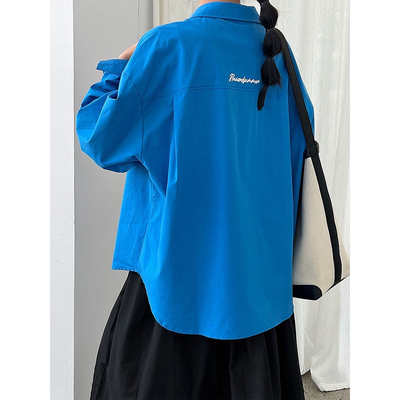 Royal Blue Mid-Length Shirt Jacket for Women, Short in the Front and Long in the Back, Deconstructed Light Work Shirt, Korean Style Lazy Chic Top