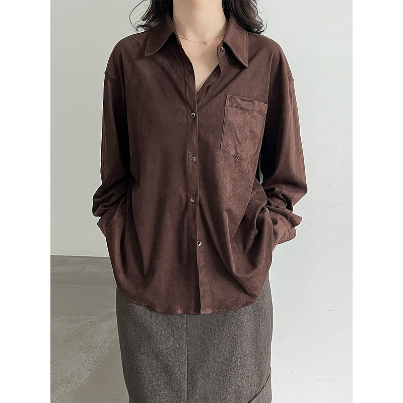 Women's Shirt 2026 New Style Brown Melard Brushed Suede Mid-Length Shirt French Artistic Blouse Women's Shirt 2026 New Style Brown Melard Brushed Suede Mid-Length Shirt French Artistic Blouse