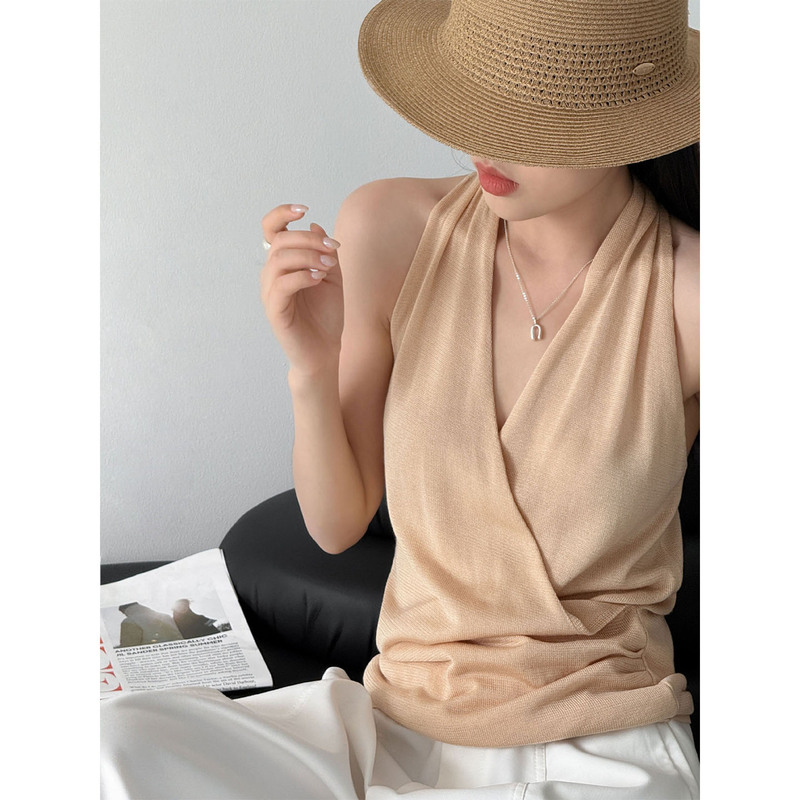 Lyocell Tencel V-Neck Cross Halter Off-Shoulder Tank Top for Women, Korean Style, Trendy and Unique Beautiful Top