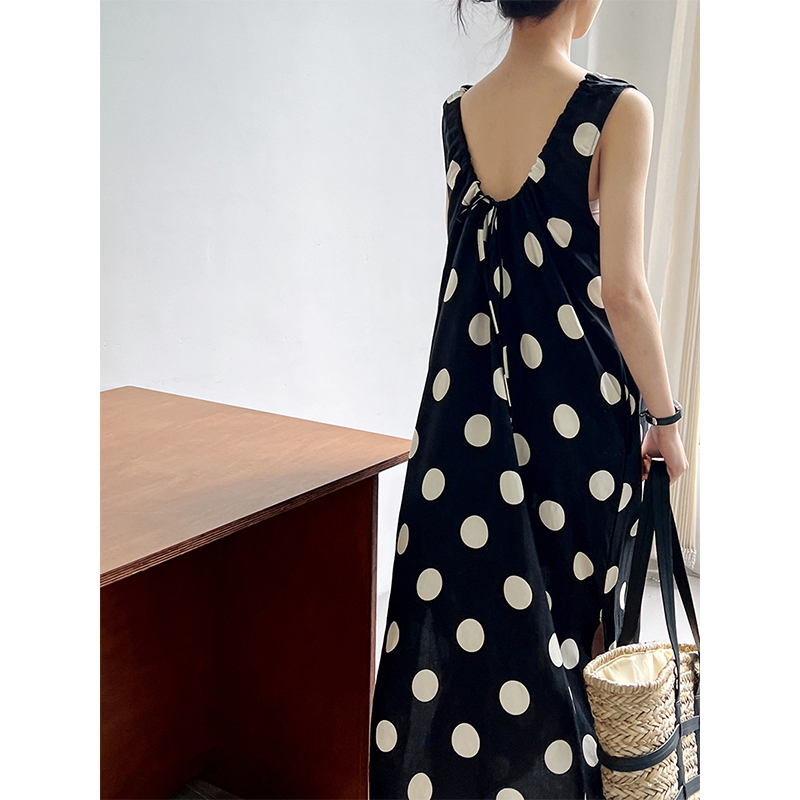 Linen Slit Polka Dot Sleeveless Tank Dress with Back Tie, Backless, Japanese Style, Naples Straight Skirt