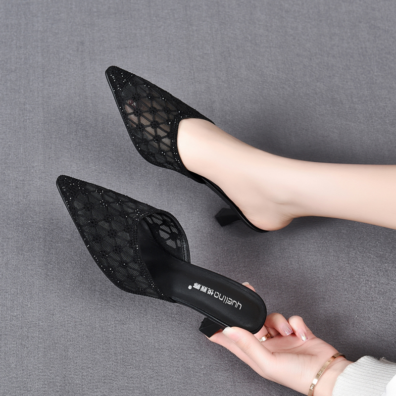 Genuine Leather Mesh Breathable High-Heeled Slippers 2026 New Style Pointed Toe Half-Slip Women's Stiletto Heel Closed-Toe Rhinestone Sandals Genuine Leather Mesh Breathable High-Heeled Slippers 2026 New Style Pointed Toe Half-Slip Women's Stiletto Heel Closed-Toe Rhinestone Sandals