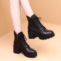 2020 new lace-up Martin boots womens British style leather high-heeled shoes thick-soled thick-heeled boots womens spring and autumn boots