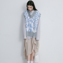 EKCOOKIES original designer Liluxiu with a high-end sense of psychedelic check vest V-neck knitted vest