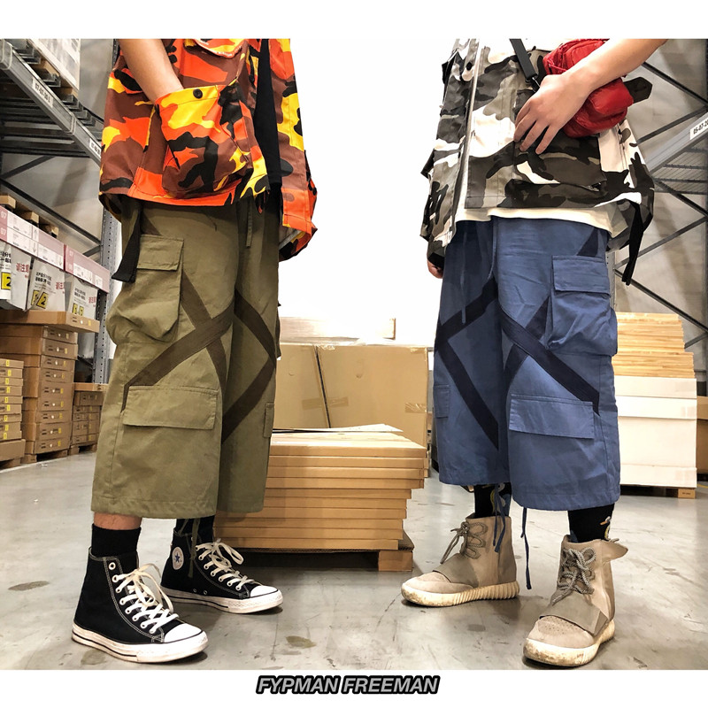 FYPMAN Velcro túi lớn dây rút rộng chân rộng quần yếm nam và nữ nước triều hip hop bảy quần thường quần thể thao nam