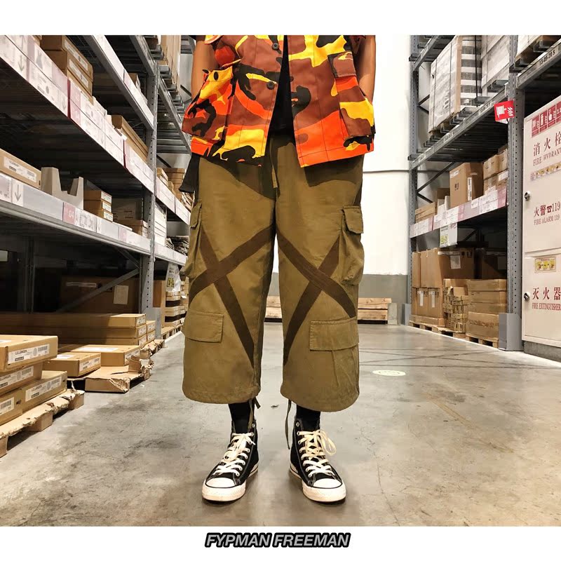 FYPMAN Velcro túi lớn dây rút rộng chân rộng quần yếm nam và nữ nước triều hip hop bảy quần thường quần thể thao nam