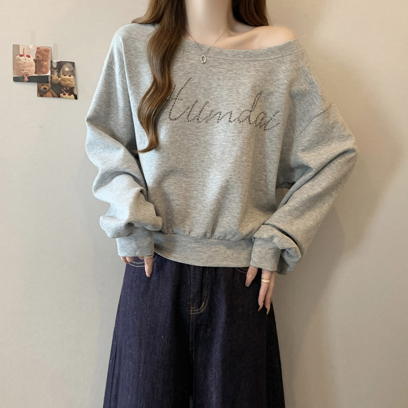 American-Style Gray Off-Shoulder Pullover Sweatshirt for Women, Autumn Season, High-End Feel, Loose and Lazy Style, Diagonal Shoulder Long-Sleeve Top