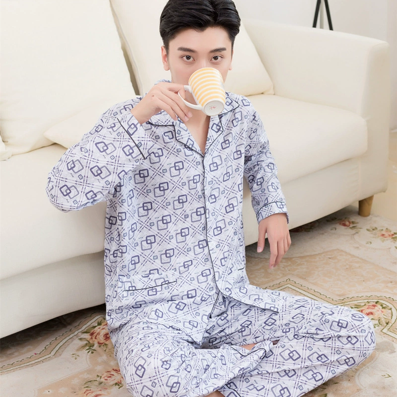 Mùa xuân và mùa thu cotton đồ ngủ nam dài tay vải cotton dịch vụ nhà kích thước lớn cha trung niên dệt mỏng ngắn tay phù hợp với