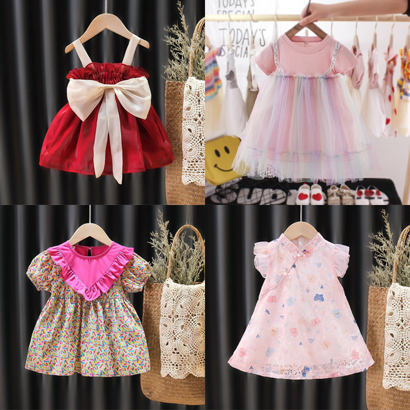 Newborn Pure Color A Character Dress Summer Short Sleeve Baby Girl Baby Princess Lace Mesh Yarn Ancient Wind Hanfu Fluffy Skirt
