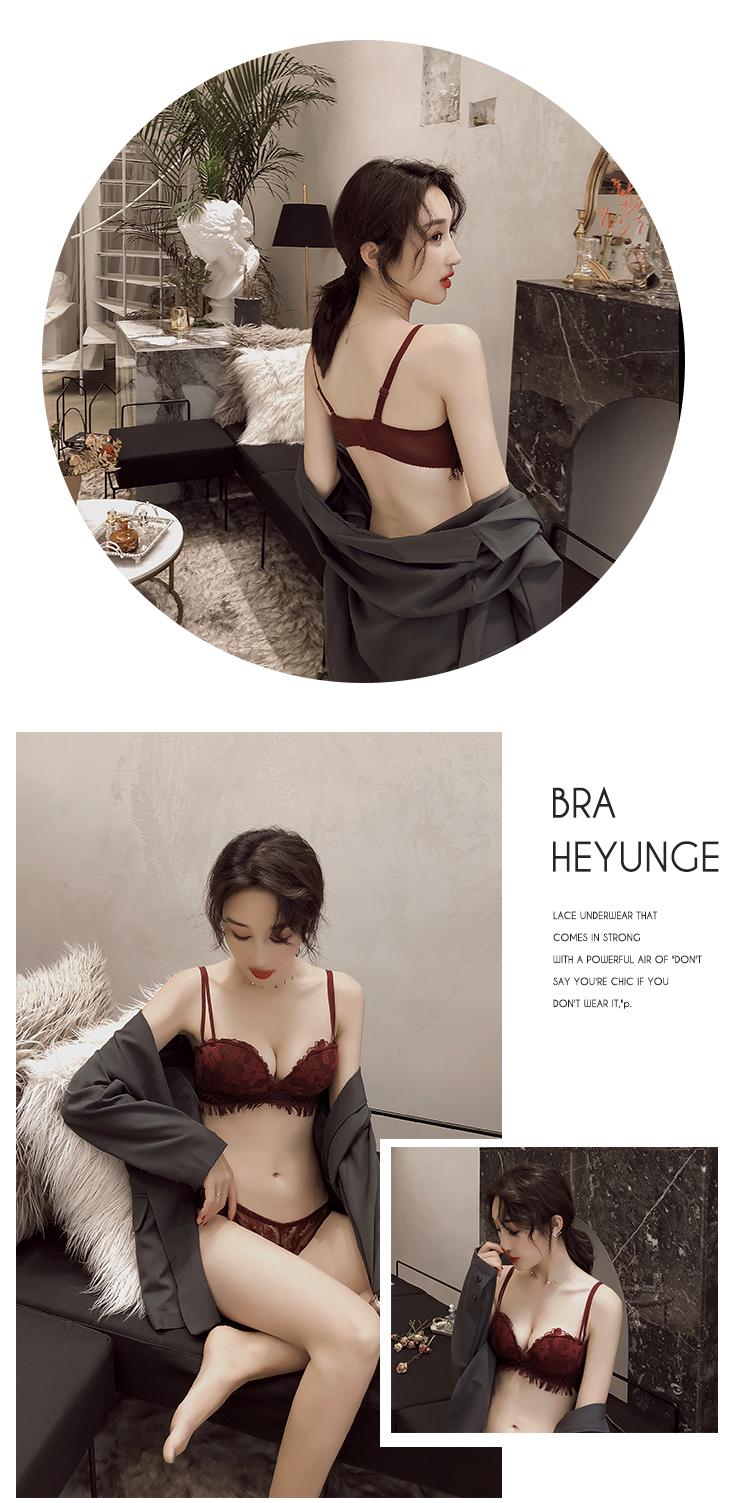 He Yun Ge dày lên ngực áo lót ren đặt mà không có vòng ngực thép thoải mái ngực nhỏ tập hợp trên các hỗ trợ áo ngực màu đỏ - Bộ đồ lót đồ lót đẹp