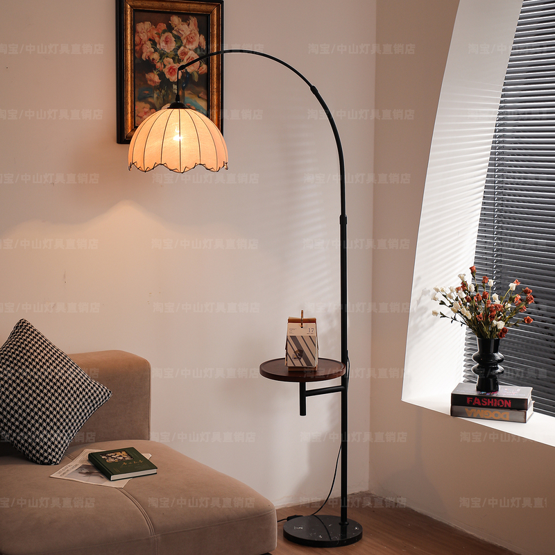 2026 New Fishing Lamp, Mid-Century Style Floor Lamp, French-Style Living Room Sofa Side Table with Integrated Shelf and Ambient Lighting