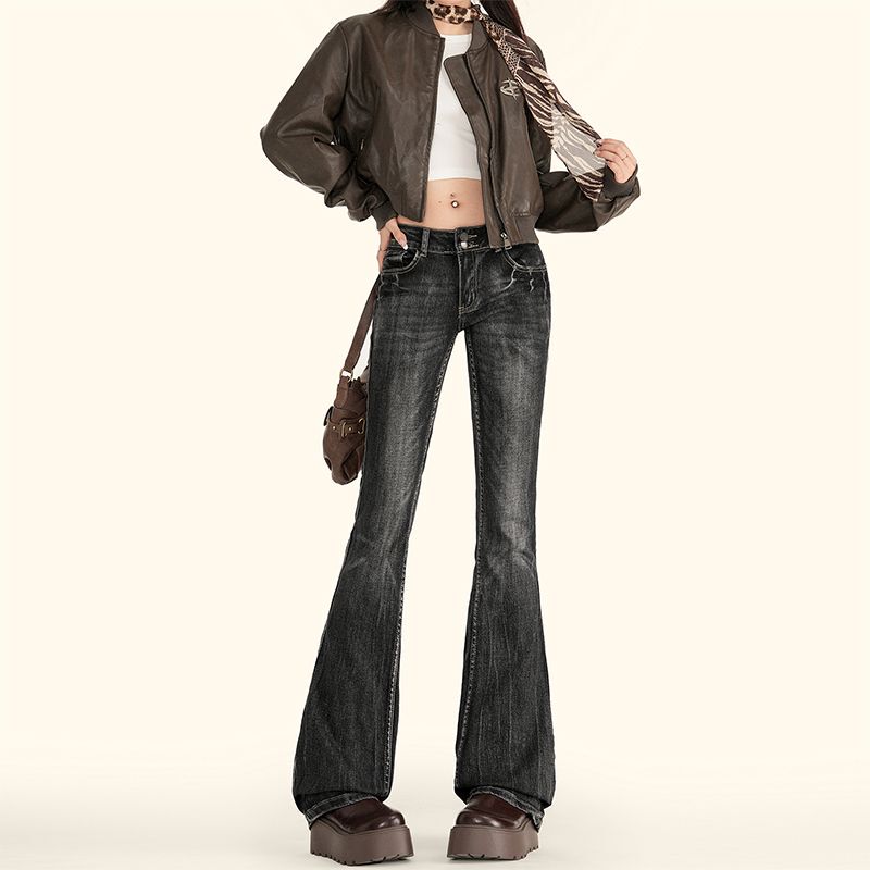 Yuyoumi American-Style Casual Retro Black and Gray Low-Waist Flared Jeans for Women, Slim Fit, Flattering, Hot Girl Style Bell-Bottom Pants