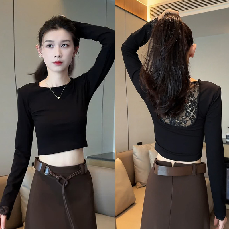 Sexy Backless Lace Patchwork Long-Sleeve T-Shirt for Women, Slim-Fit Short Base Shirt for Autumn, Unique and Beautiful Top