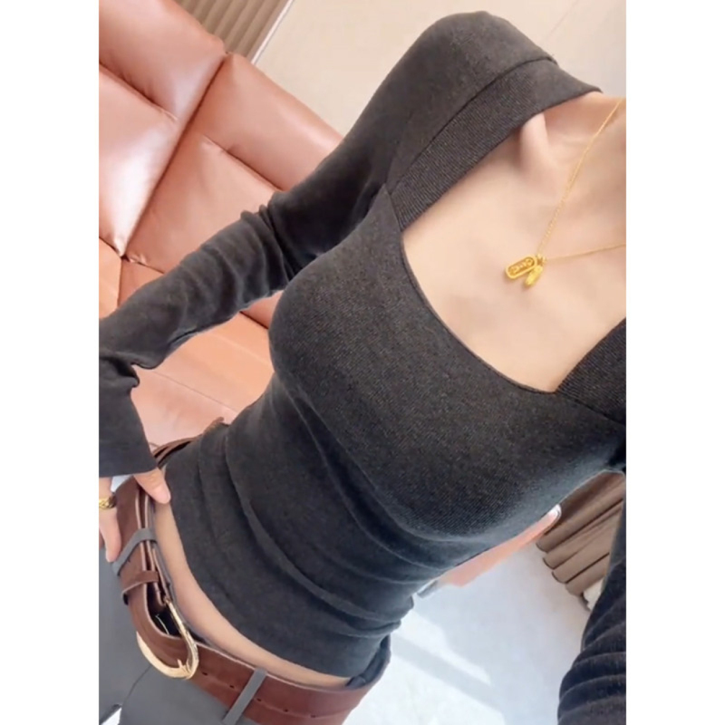 New Korean-Style High-End Square-Neck Versatile Long-Sleeve T-Shirt for Women, Autumn and Winter Slim-Fit, Flattering, Stylish Top