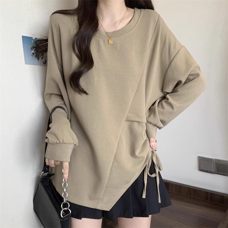 Plus-Size Irregular Drawstring Long-Sleeve T-Shirt for Women, Autumn, Slightly Chubby, Unique and Chic Design, Loose and Slimming Top