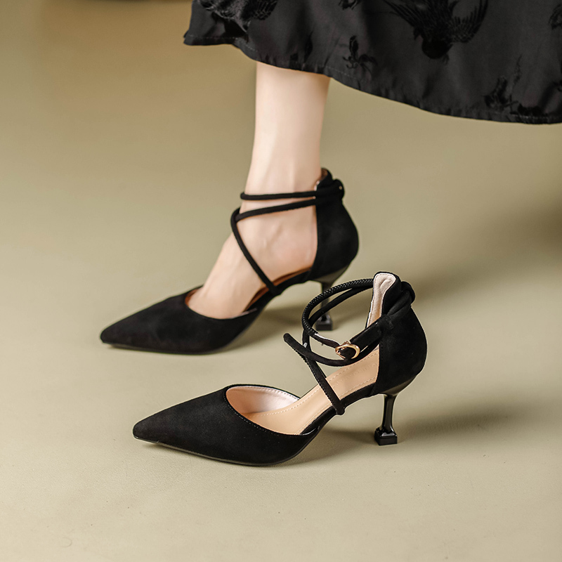 5cm Women's Summer French Style Non-Slip Cross-Strap Hollow Pointed Toe Suede High Heels