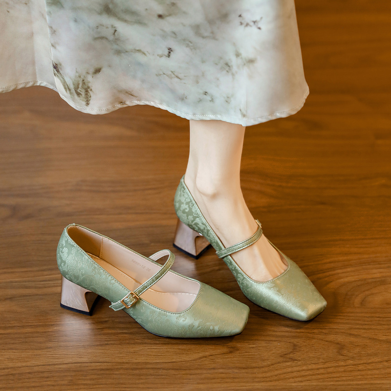 Green Chinese-Style High-Heeled Shoes for Women, Chunky Heel, Single Strap, Mary Jane, Square Toe, Wedding Shoes, Mid-Heel Single Shoes Green Chinese-Style High-Heeled Shoes for Women, Chunky Heel, Single Strap, Mary Jane, Square Toe, Wedding Shoes, Mid-Heel Single Shoes