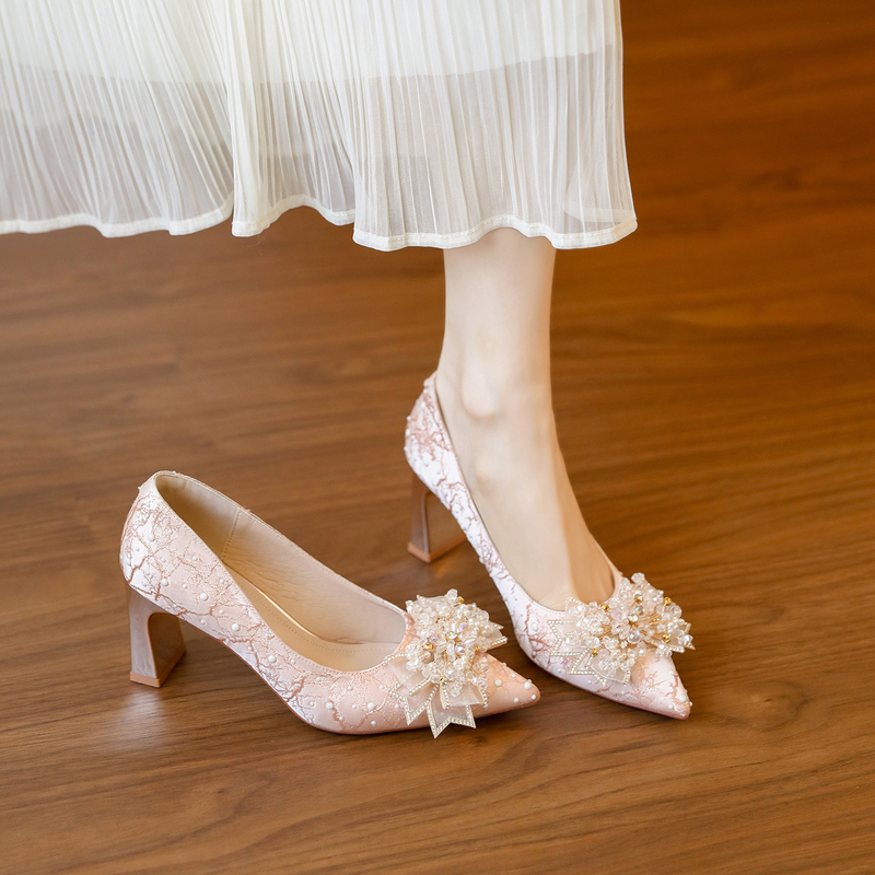 French-Style Pink Rhinestone Flower Bow Chunky High Heels for Women, Comfortable Pearl Studded Bridal Wedding Shoes, Bridesmaid Shoes