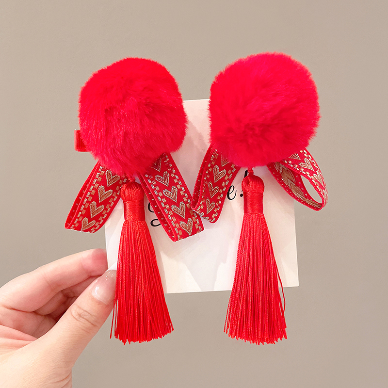 images 3:Children's hairpin New Year's Chinese style pair of cute baby hair card little girl red festive chuck headdress