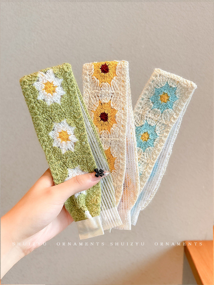 French-Style Floral Knitted Velcro Headband for Women 2025 New Model Bangs and Stray Hair Organizer Magic Hairband Hairpin Headwear