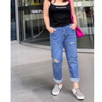 Autumn new fat mm size jeans womens hole high waist elastic straight tube nine casual pants 200kg