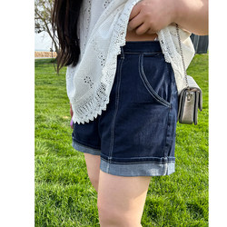 Muzi ideal plus size women's retro denim shorts fat mm summer topstitch hemming casual fashion ໂສ້ງຂາສັ້ນສາມຈຸດ