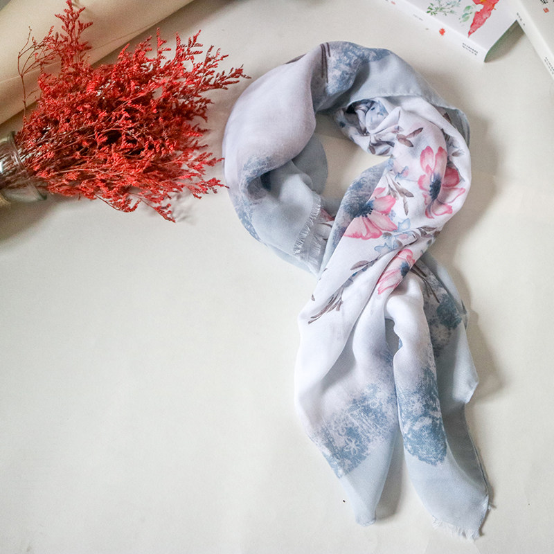 Export Foreign Trade Original Single Light Blue Ink Color Jingle Fresh Flowers Vegan Scarves Flow Su Shawl Thin Cotton Scarves Silk Scarves