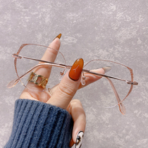 Little red book frameless glitter sequin polygon myopia glasses womens net red color diamond round face plain face glasses