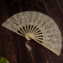 Lace lace fan embroidery hollow bamboo fan European style vintage milky white Photo female dance props performance folding fan