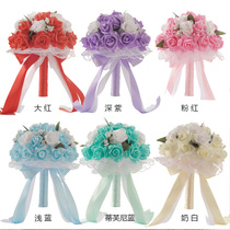 Korean bride holding flower ribbon Pearl wedding bridesmaid wedding romantic rose bouquet simulation wedding supplies