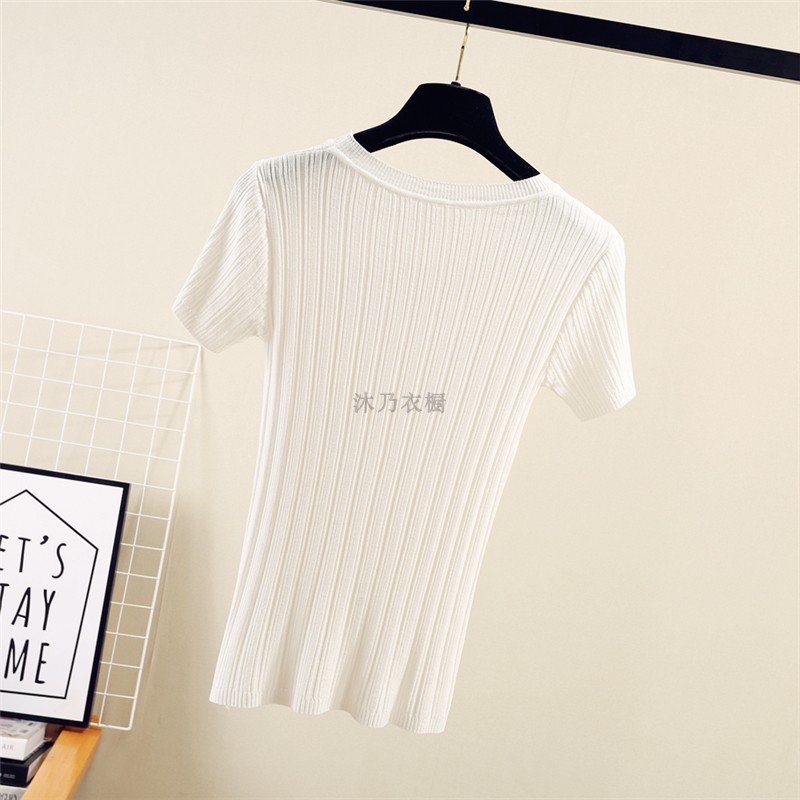Mùa hè mới băng lụa thấp cổ tròn áo thun ngắn đan áo thun nữ áo len bó sát ngắn tay áo sơ mi chạm đáy áo len dáng dài