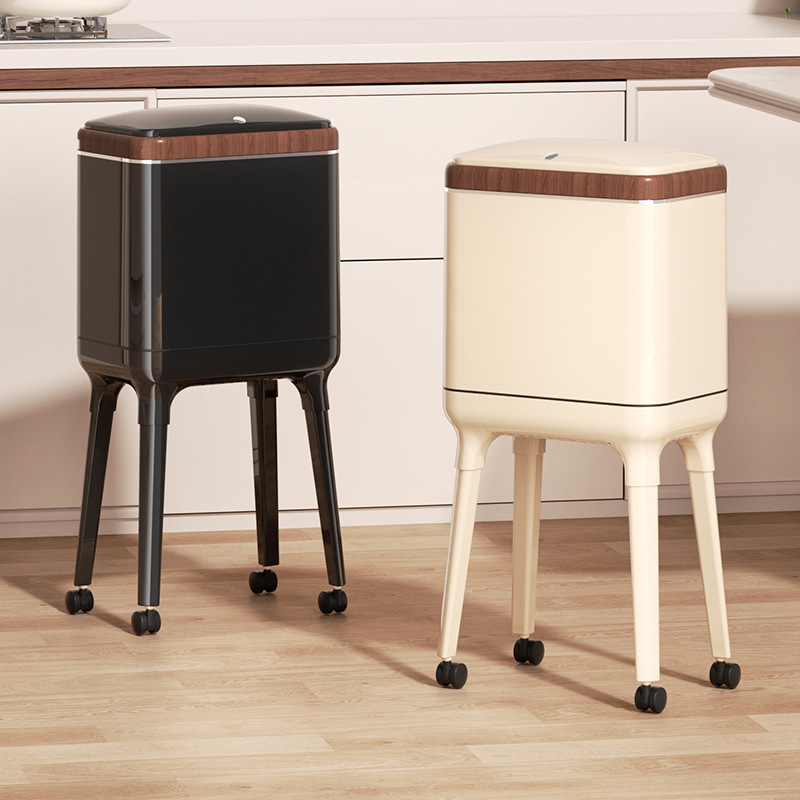 Collapsible and Movable Trash Can for Kitchen, Narrow Spaces, Living Room, with Lid, Tall, Stylish, Large Capacity, No Need to Bend Over, Mid-Century Style