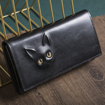 RPID cat handbag Black cat cat eye wallet Vegetable tanned head layer real cow leather long creative Birthday Valentines Day gift