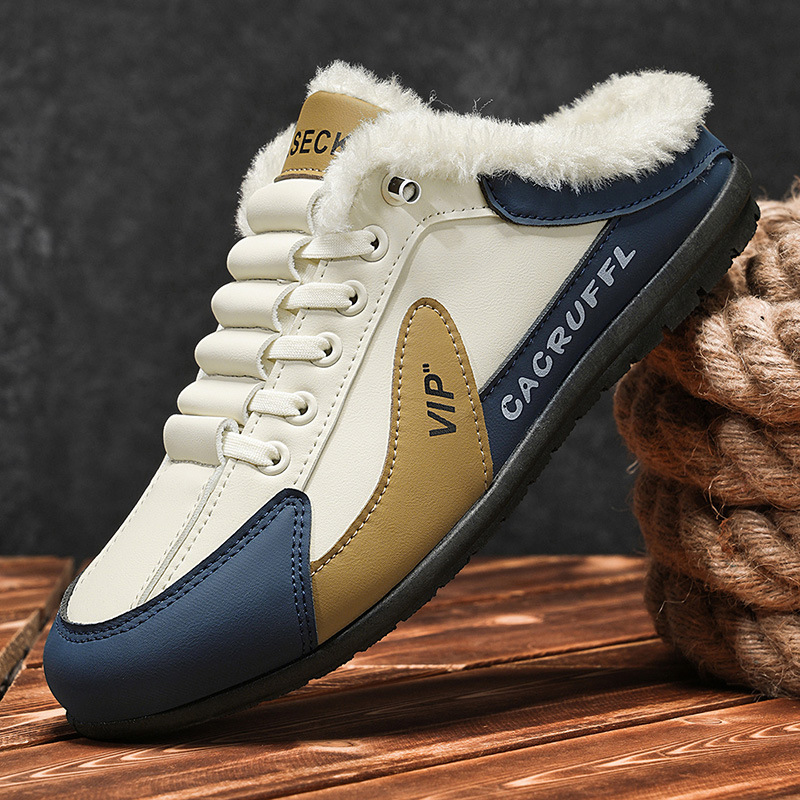 Winter 48 Extra-Large Fleece-Lined Warm Half-Slippers with Closed Toe, Cotton Slippers for Male Students, Lazy Foot-Warming Waterproof Loafers