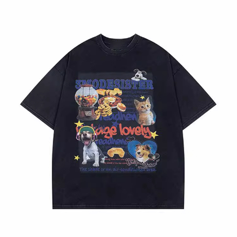 American High Street Cartoon Cat and Dog Print Washed Vintage Short-Sleeve T-Shirt 2025 Summer Loose Top Hip-Hop Retro