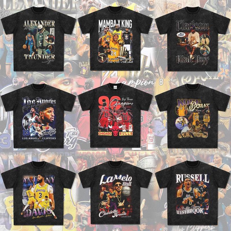 Washed Short-Sleeve T-Shirt with Retro Prints of American Stars Like Clarkson, Curry, Kobe, Irving, James, and Morant