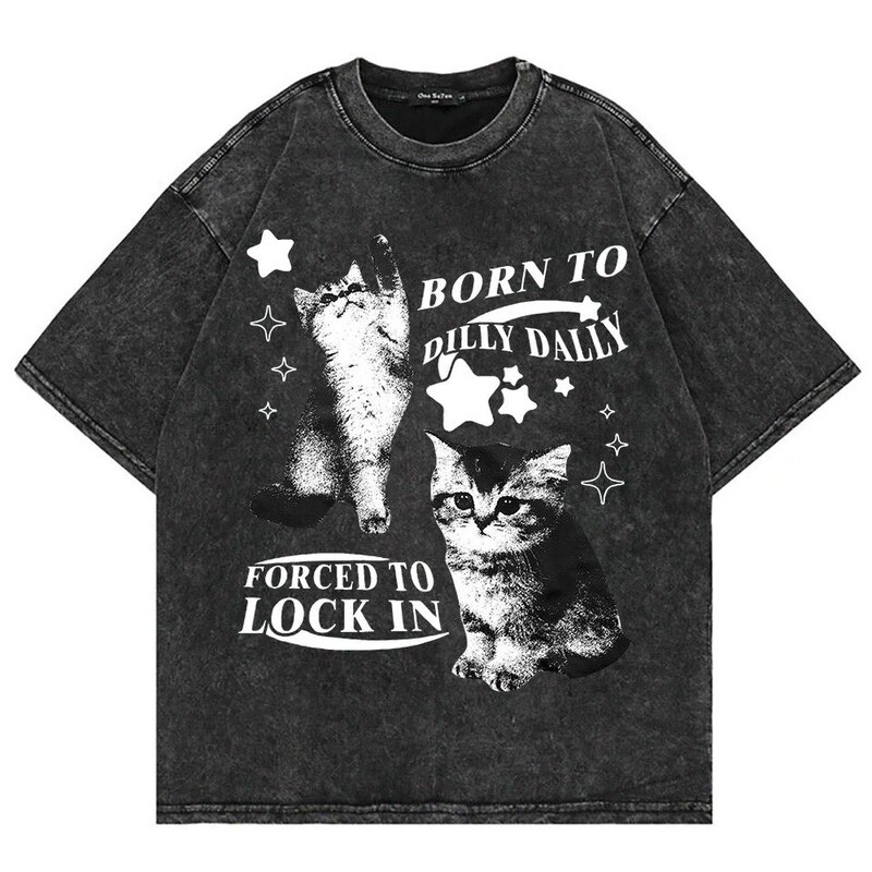 10 T-Shirts with Graphic Prints, Loose Fit, Funny, Acid-Washed, Vintage, Y2K Aesthetic, Washed, Pure Cotton, Men's T-Shirt, Women's Cat Model Style 10 T-Shirts with Graphic Prints, Loose Fit, Funny, Acid-Washed, Vintage, Y2K Aesthetic, Washed, Pure Cotton, Men's T-Shirt, Women's Cat Model Style