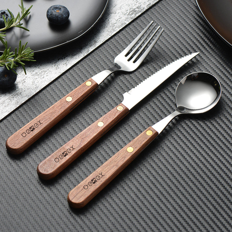 Solid wood handle knife and fork set round spoon stainless steel steak knife fork spoon three-piece set gift hotel west tableware